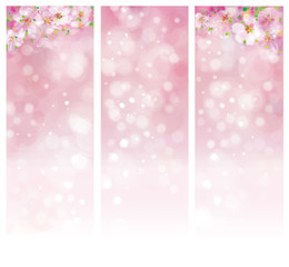 Vector blossoming sakura tree, pink bokeh banners.