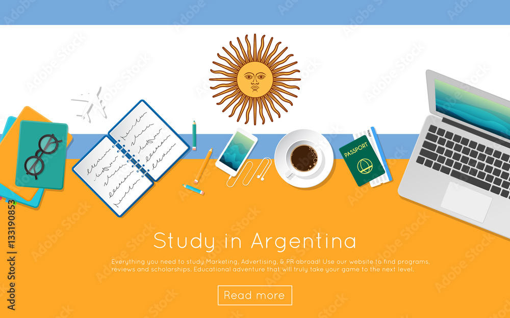 Canvas Prints study in argentina concept for your web banner or print materials. top view of a laptop, books and c