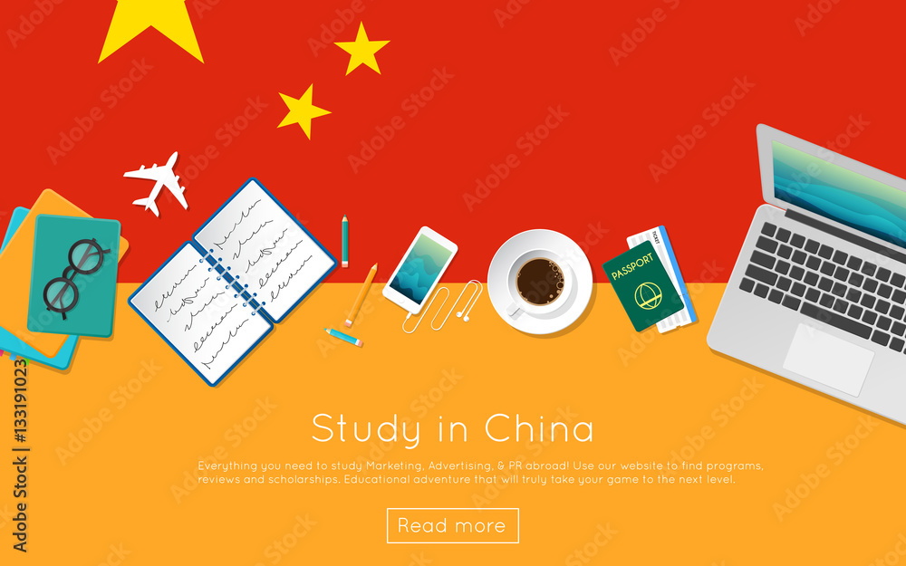 Canvas Prints study in china concept for your web banner or print materials. top view of a laptop, books and coffe