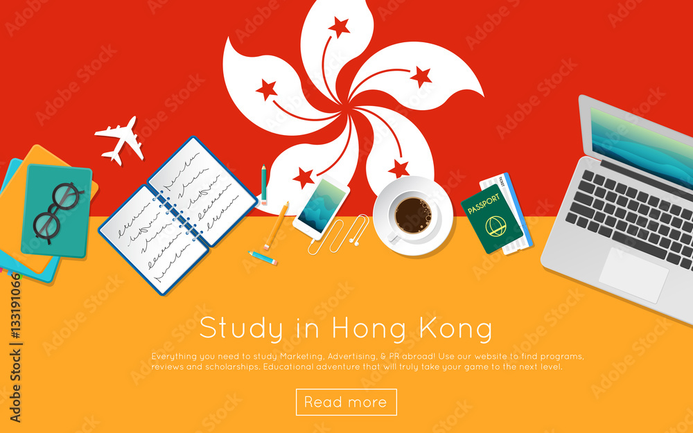 Wall mural study in hong kong concept for your web banner or print materials. top view of a laptop, books and c