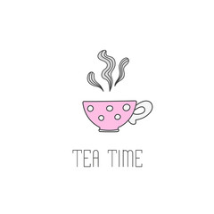 Hand drawn illustration of polka dot tea cup with .