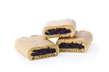 Three fig cookies with shadow isolated over a white background with clipping path and copy space included.