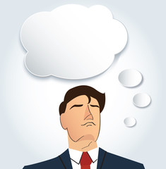 Portrait of businessman thinking with cloud chat box background 