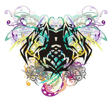Colorful floral wolf head splashes. Tribal double wolf symbol formed by the head of an eagle with gray bird elements, floral twisted elements and colorful drops