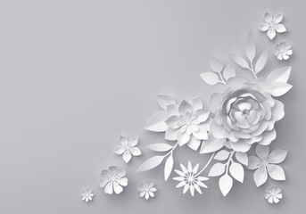 3d render, digital illustration, white paper flowers, floral background, corner decoration
