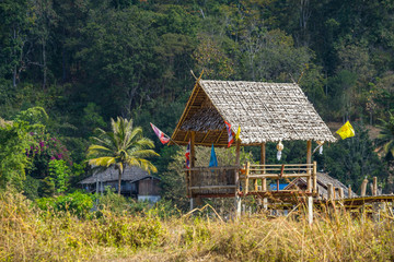 Fototapeta na wymiar Wood hut in rice field countryside in Pai, Thailand