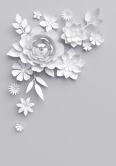 3d render, digital illustration, white paper flowers, floral background, corner decoration