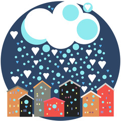 Colorful cartoon buildings in winter. Valentine Day city. Snow hearts on winter home. Pattern for paper, textile, game, web design.