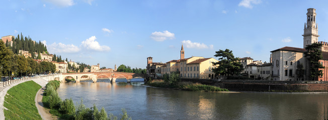 View to Bridge Ponte Pietra in Verona on Adige river