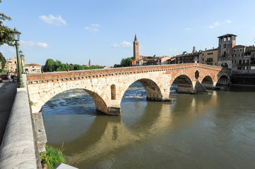 View to Bridge Ponte Pietra in Verona on Adige river