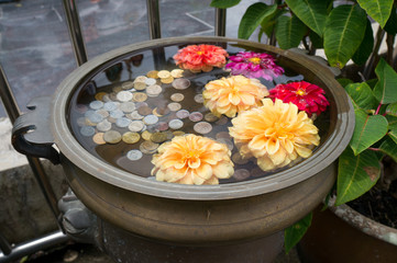 A small floral wishing well with coins on Penang Hill, Malaysia