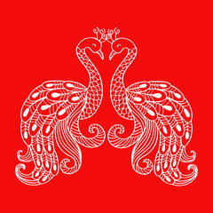 Hand drawn outline doodle Peacock illustration.