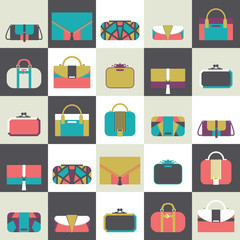 Seamless pattern with fashion bags and clutches in various shapes and sizes. Geometric vector illustration, based on dark and white squares and women bags. Bright stylish design for fashion purposes