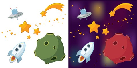Obraz premium space with stars, rocket and UFO