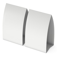 Two blank paper tent cards. 3d render illustration isolated. Table cards mock up on white background.