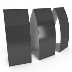 Three black paper tent cards. 3d render illustration isolated. Table cards mock up on white background.