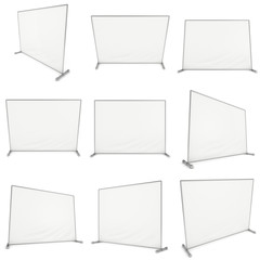 Billet press wall with blank banner set. Mobile trade show booth white and blank. 3d render isolated on white background. High Resolution Template for your design.