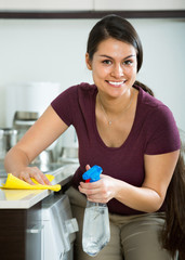 Young cheerful happy housewife with rag