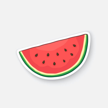 Vector illustration. Watermelon slice. Organic food. Healthy vegetarian food. Cartoon sticker in comic style with contour. Decoration for greeting cards, posters, patches, prints for clothes, emblems