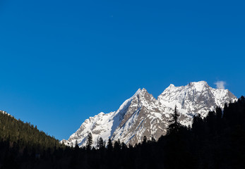 Fototapeta na wymiar Snowy peaks against the blue sky. Dark forest in the foreground.
