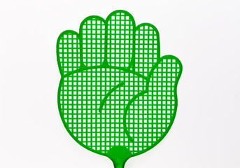 Green plastic hand on a white background.