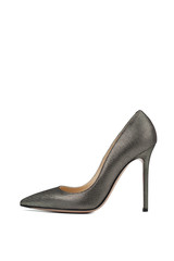 Metallic female high heel shoes on white background	