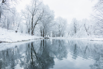 not frozen pond in winter