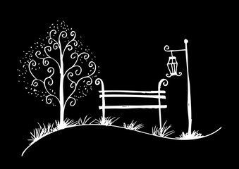 Street lantern, tree and bench in the garden. Sketchy style.