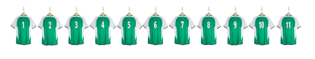 Row of Green Football Shirts  isolated on white background
