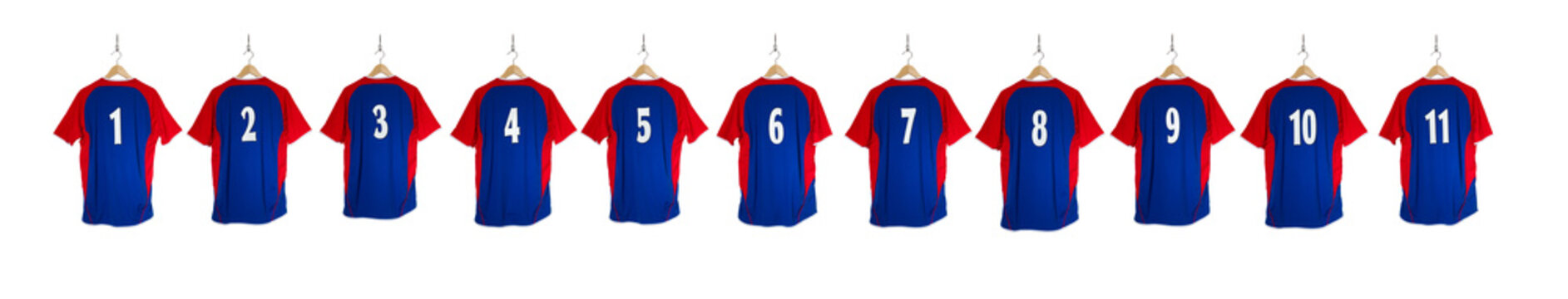 Row of Blue Football Shirts  isolated on white background