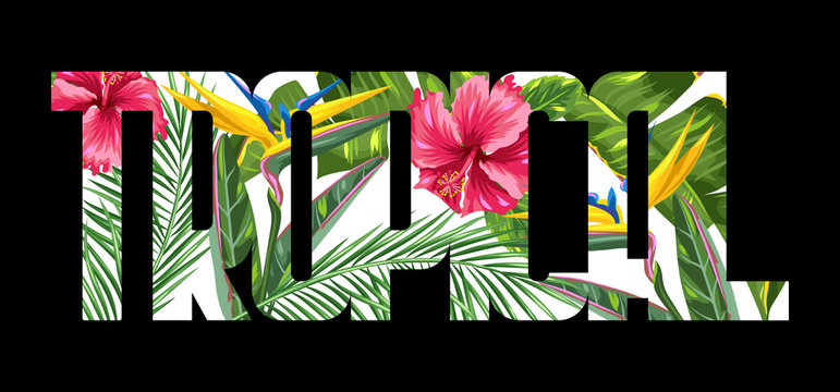 Print with tropical leaves and flowers. Palms branches, bird of paradise flower, hibiscus