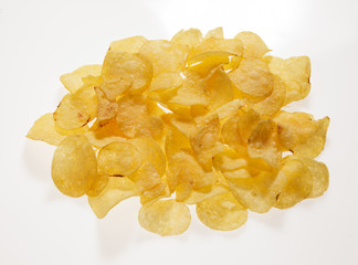 Potato chips on a white background.