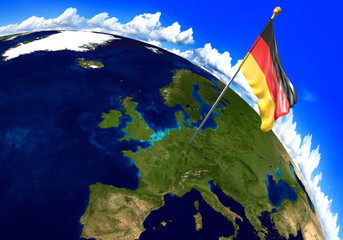 Germany national flag marking the country location on world map. 3D rendering, parts of this image furnished by NASA