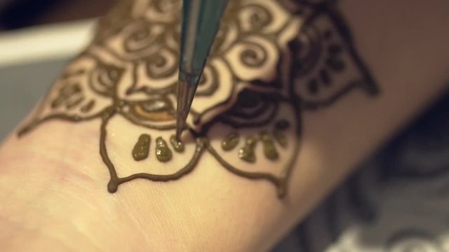 The master draws mehendi on the girl's hand. Beautiful patterns from henna. Flowers from henna on hands. On hands draw beautiful lines. A temporary tattoo from henna