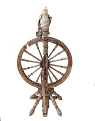 Vintage spinning wheel on a white background.