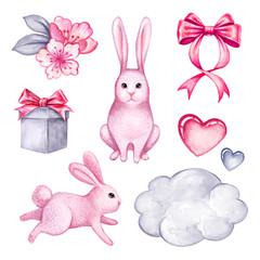 watercolor illustration, pink cute bunny, Easter rabbit, gift box, flowers, cloud, holiday clip art