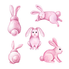 watercolor illustration, pink cute bunny, Easter rabbit, nursery, animal clip art