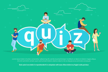 Quiz flat concept illustration of young people using mobile gadgets such smartphone for texting, messaging and answering questions via internet near quiz big bubbels with letters