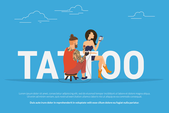 Tattoo addiction concept design. Flat illustration of professional tattooer doing new tattoo of rose to young woman sitting on the letters and reading news and posting photos in social networks.