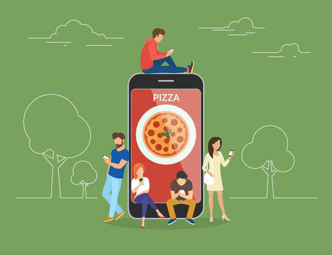 Ordering Pizza Online Concept Design. Flat Illustration Of Young Men And Women Standing Near Big Smartphone And Using Their Own Smart Phones For Ordering Junk Food Via Mobile App And Paying Online.