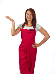  woman in red overalls  , isolated on white