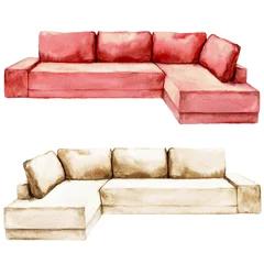 Rolgordijnen Red and Beige Sofa  - Watercolor Illustration. © nataliahubbert