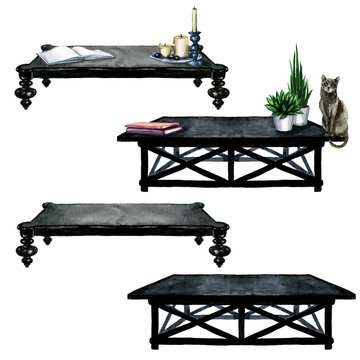 Black Living Room Tables With And Without Additional Decor  - Watercolor Illustration.