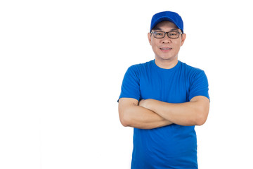 Asian Chinese man wearing blue shirt with crossed arm