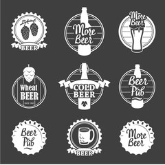 Vector Illustration with beer pub logo and labels. Simple symbols glass, bottle. Traditions of drink. Decorative elements for your design. Black white style.