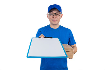 Smart Asian Chinese delivery guy in uniform delivering parcel
