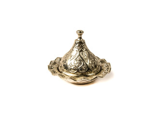 tyrkish silver metal cup tray for Delight, raisins or small candied fruit, nuts on a white background