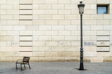 Bench and lamppost in the beautiful Plaza de Viriat, historic center of Valencia, Spain