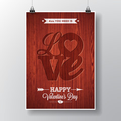 Vector Flyer illustration on a Valentine's Day theme with Love typographic design on wood texture background.