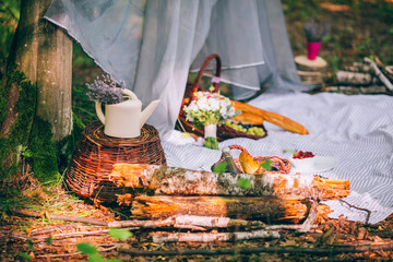 Picnic in the spring summer forest without people. Fresh bread and fruits.